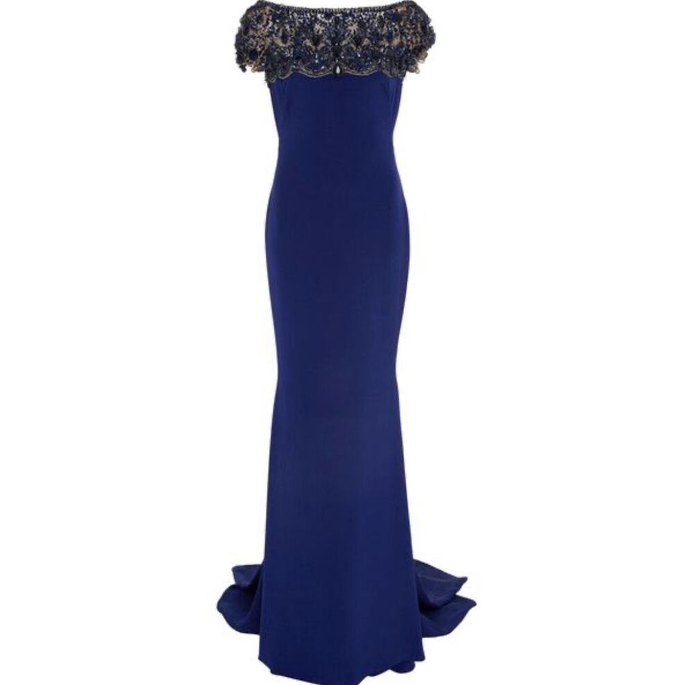 Marchesa Royal Blue Jeweled Bodice Scalloped Off Shoulder Gown Size 14